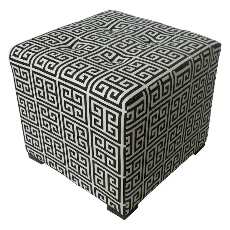 Square Tufted Ottoman with Greek Key Pattern Cotton Upholstery Wood Legs