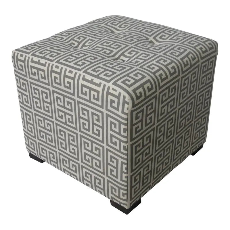 Quadratischer Polsterhocker mit Rautenmuster im griechischen Stil, Baumwollbezug und Holzbeinen