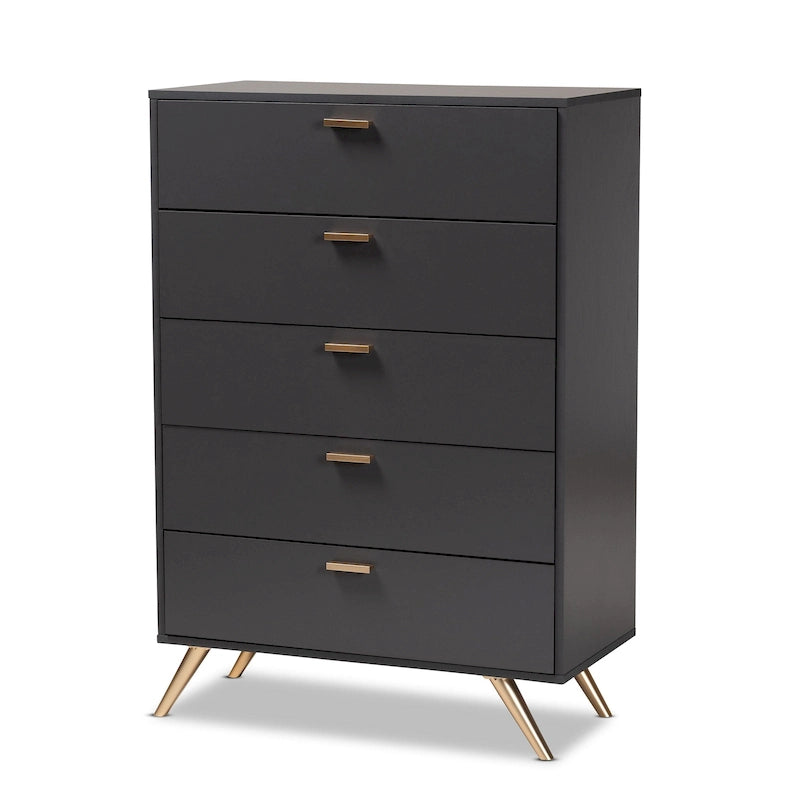 Dark Grey Gold Accent 5-Drawer Engineered Wood Storage Chest with Angled Legs