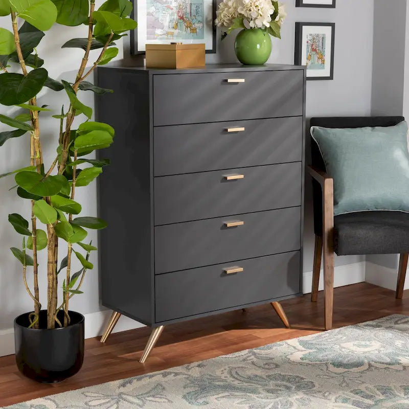 Dark Grey Gold Accent 5-Drawer Engineered Wood Storage Chest with Angled Legs