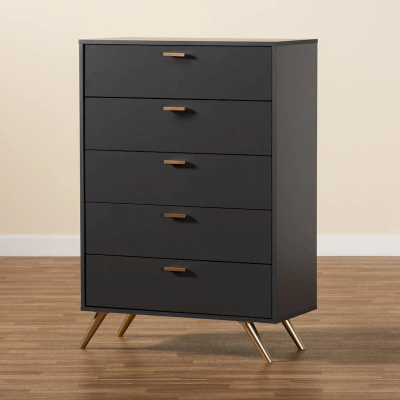Dark Grey Gold Accent 5-Drawer Engineered Wood Storage Chest with Angled Legs