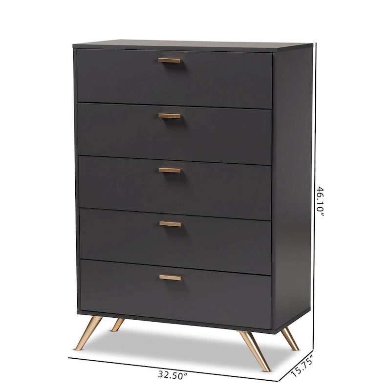 Dark Grey Gold Accent 5-Drawer Engineered Wood Storage Chest with Angled Legs