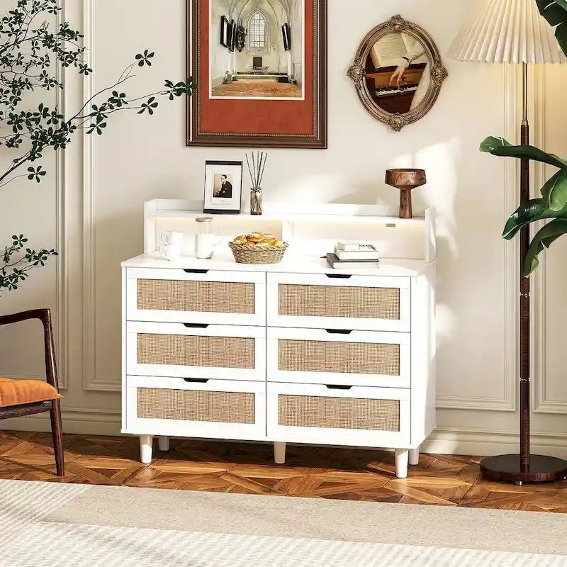 Natural Rattan 6-Drawer Dresser Cabinet with LED Light and Power Outlet