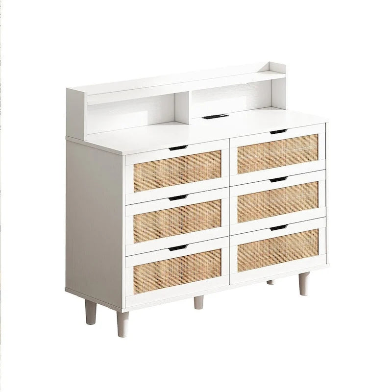 Natural Rattan 6-Drawer Dresser Cabinet with LED Light and Power Outlet