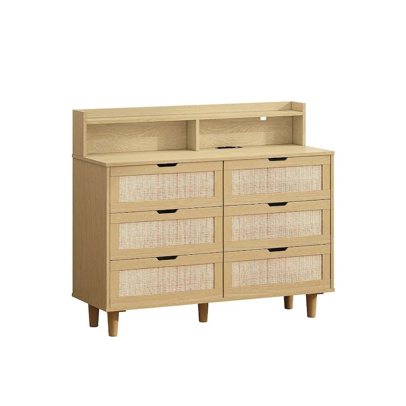Natural Rattan 6-Drawer Dresser Cabinet with LED Light and Power Outlet