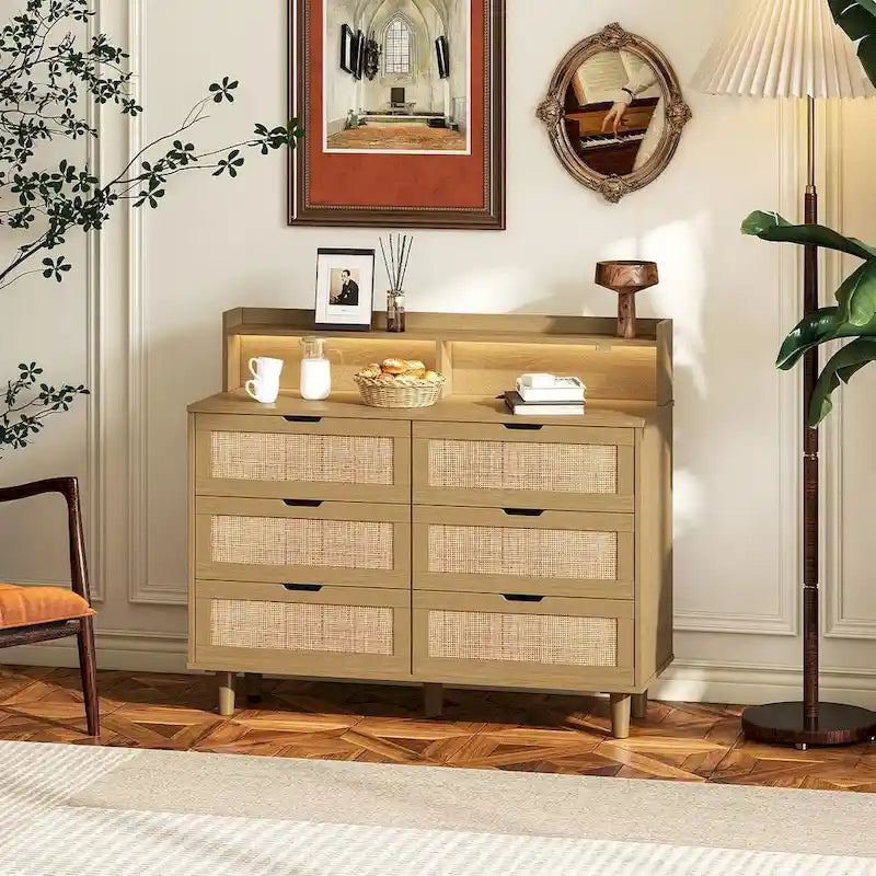 Natural Rattan 6-Drawer Dresser Cabinet with LED Light and Power Outlet