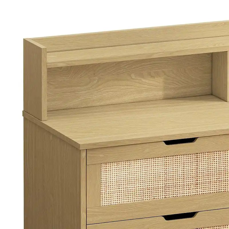 Natural Rattan 6-Drawer Dresser Cabinet with LED Light and Power Outlet