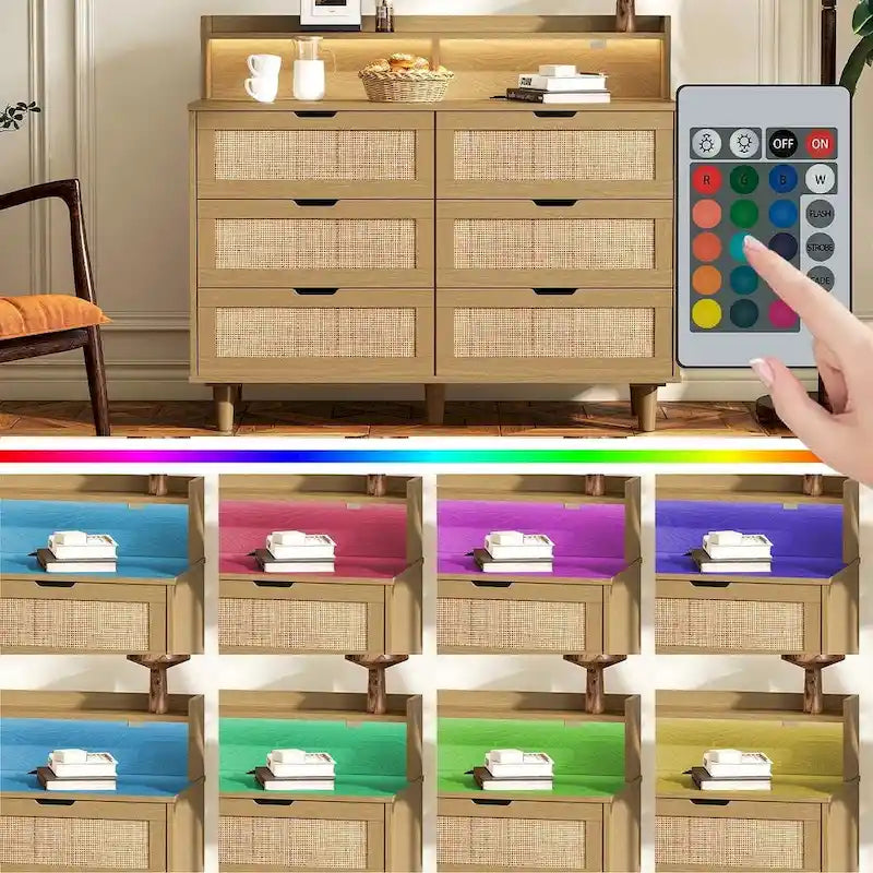 Natural Rattan 6-Drawer Dresser Cabinet with LED Light and Power Outlet