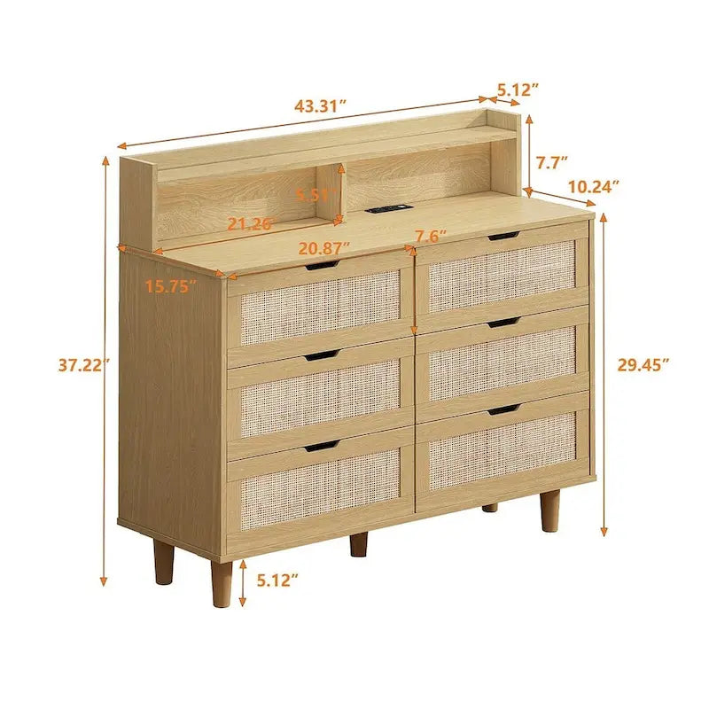 Natural Rattan 6-Drawer Dresser Cabinet with LED Light and Power Outlet