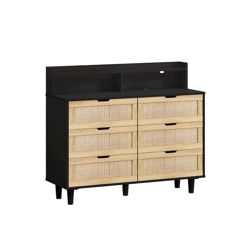 Natural Rattan 6-Drawer Dresser Cabinet with LED Light and Power Outlet