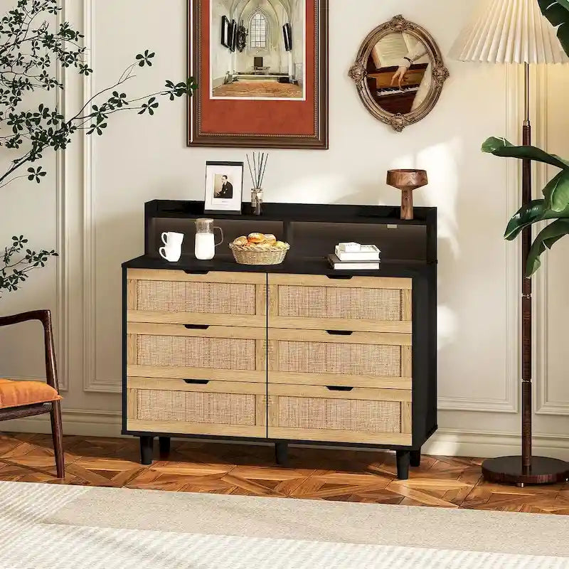 Natural Rattan 6-Drawer Dresser Cabinet with LED Light and Power Outlet