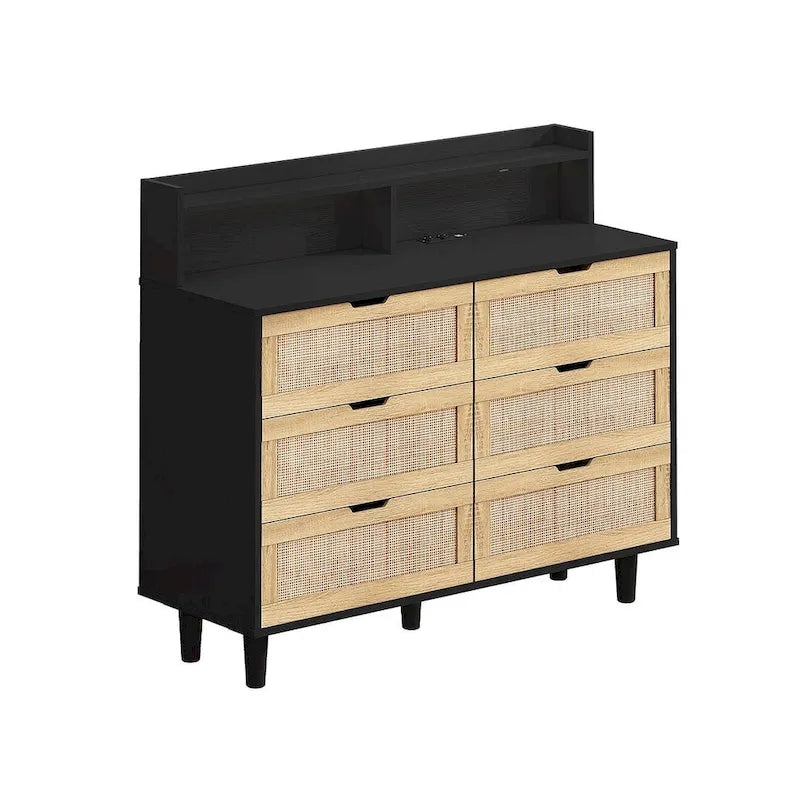 Natural Rattan 6-Drawer Dresser Cabinet with LED Light and Power Outlet