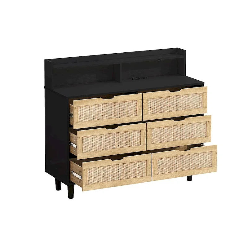 Natural Rattan 6-Drawer Dresser Cabinet with LED Light and Power Outlet