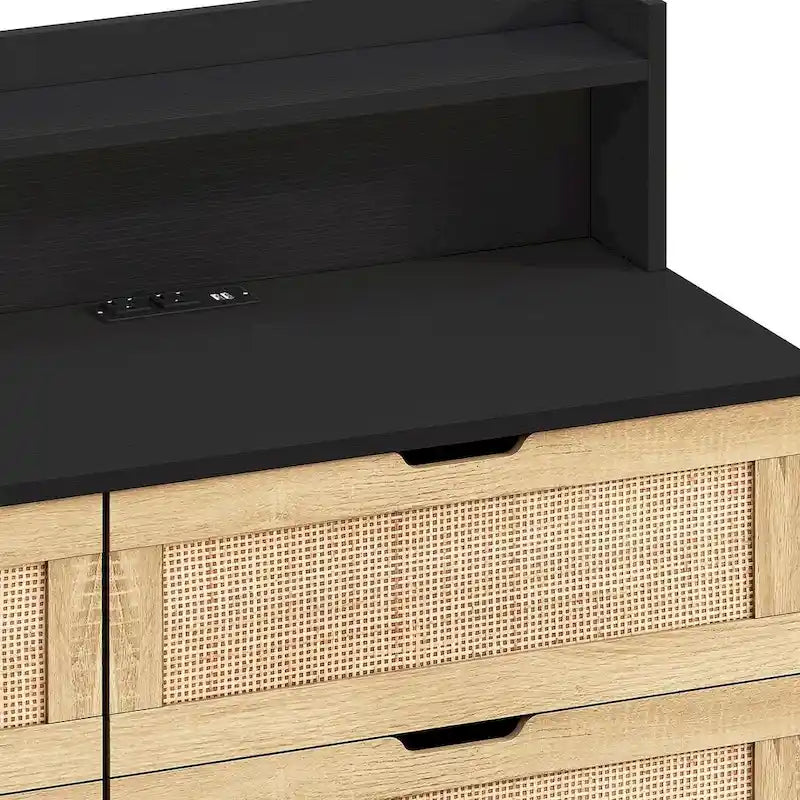 Natural Rattan 6-Drawer Dresser Cabinet with LED Light and Power Outlet