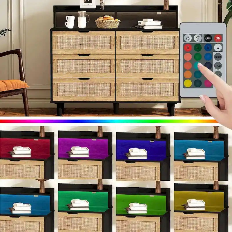 Natural Rattan 6-Drawer Dresser Cabinet with LED Light and Power Outlet