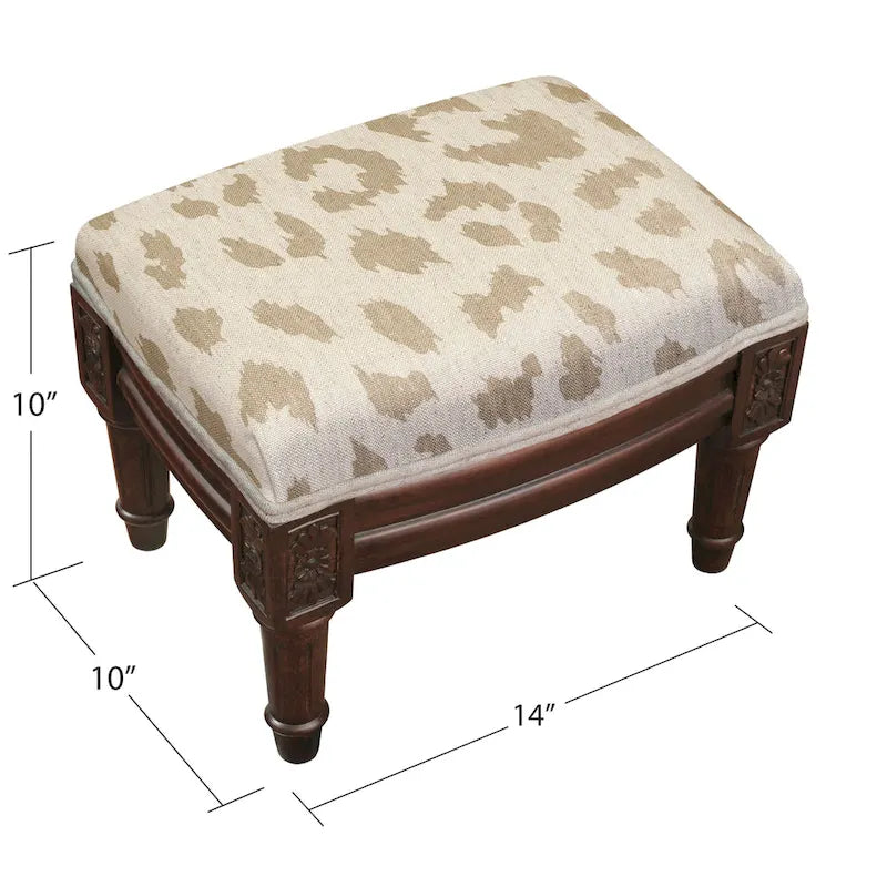 Taupe Cheetah Print Carved Wood Upholstered Footstool Ottoman