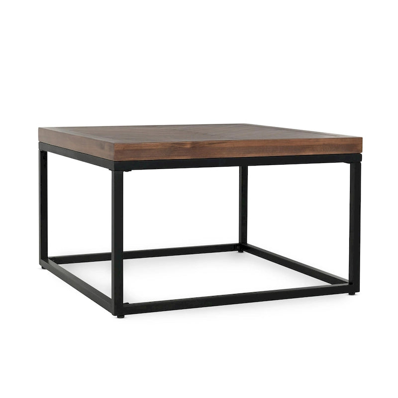 Square Solid Wood Top Coffee Table with Iron Base, Walnut Brown & Black