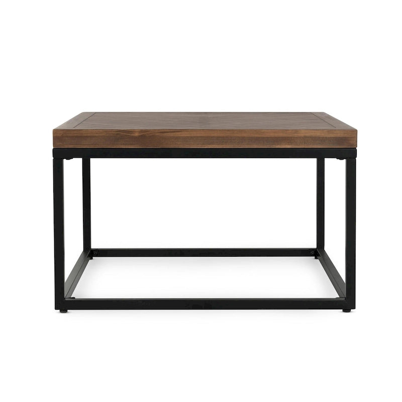 Square Solid Wood Top Coffee Table with Iron Base, Walnut Brown & Black