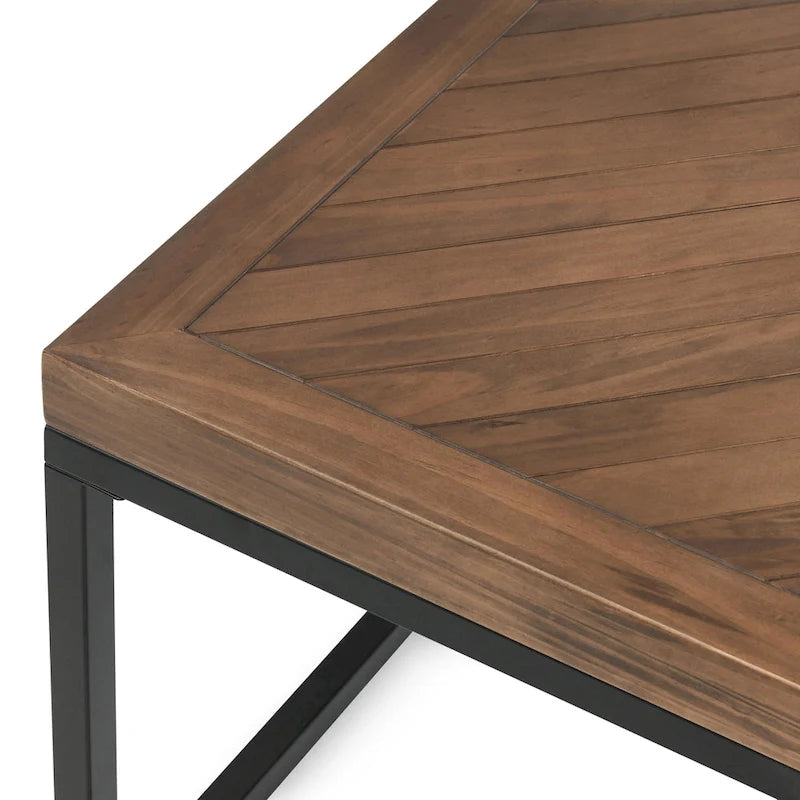 Square Solid Wood Top Coffee Table with Iron Base, Walnut Brown & Black