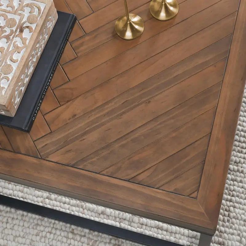 Square Solid Wood Top Coffee Table with Iron Base, Walnut Brown & Black