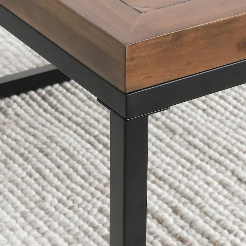 Square Solid Wood Top Coffee Table with Iron Base, Walnut Brown & Black