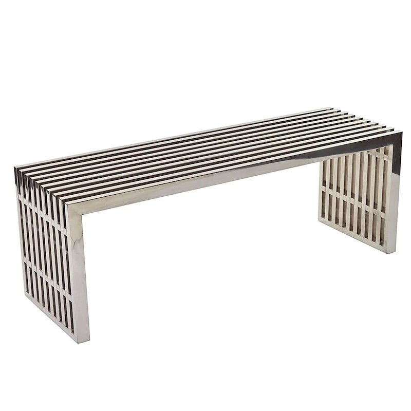Silver Slatted Stainless Steel Bench with Brushed Finish Modern Indoor