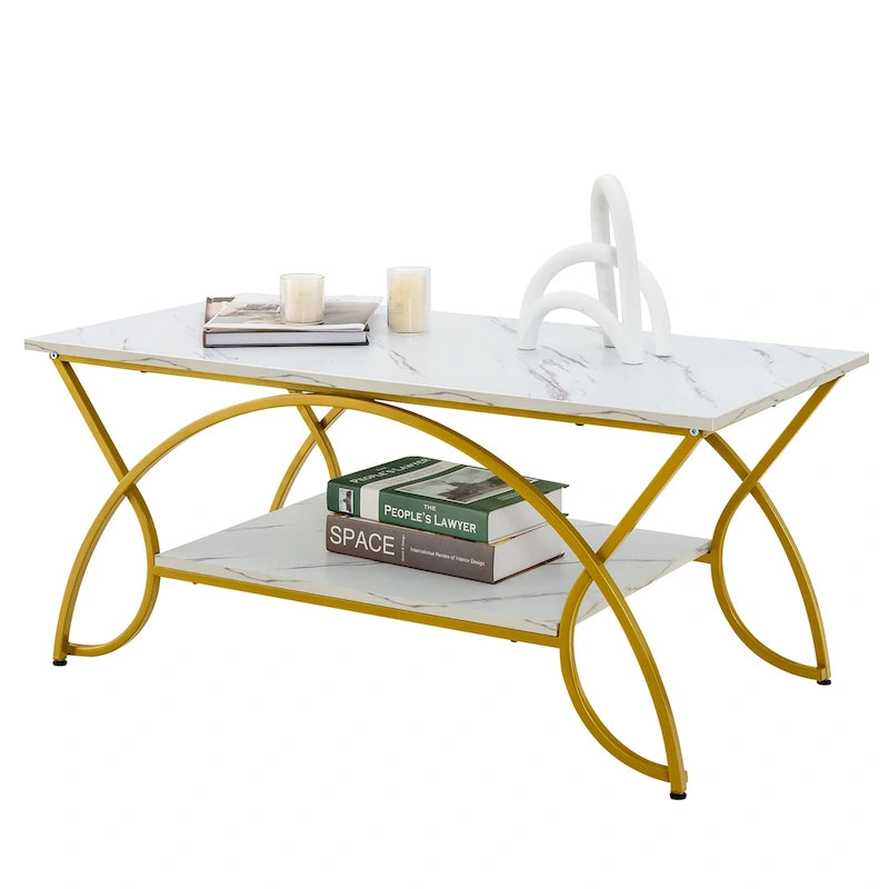 2-Tier Faux Marble Coffee Table with Gold Metal Frame and Lower Shelf