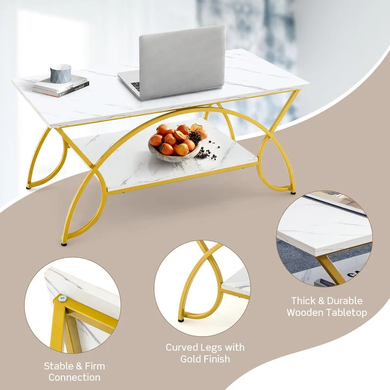 2-Tier Faux Marble Coffee Table with Gold Metal Frame and Lower Shelf