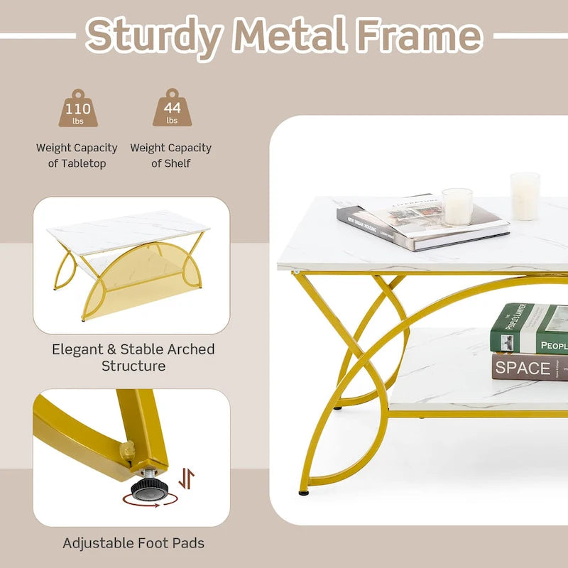 2-Tier Faux Marble Coffee Table with Gold Metal Frame and Lower Shelf