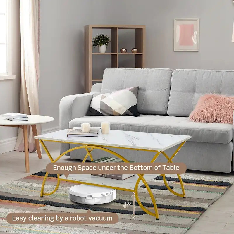 2-Tier Faux Marble Coffee Table with Gold Metal Frame and Lower Shelf