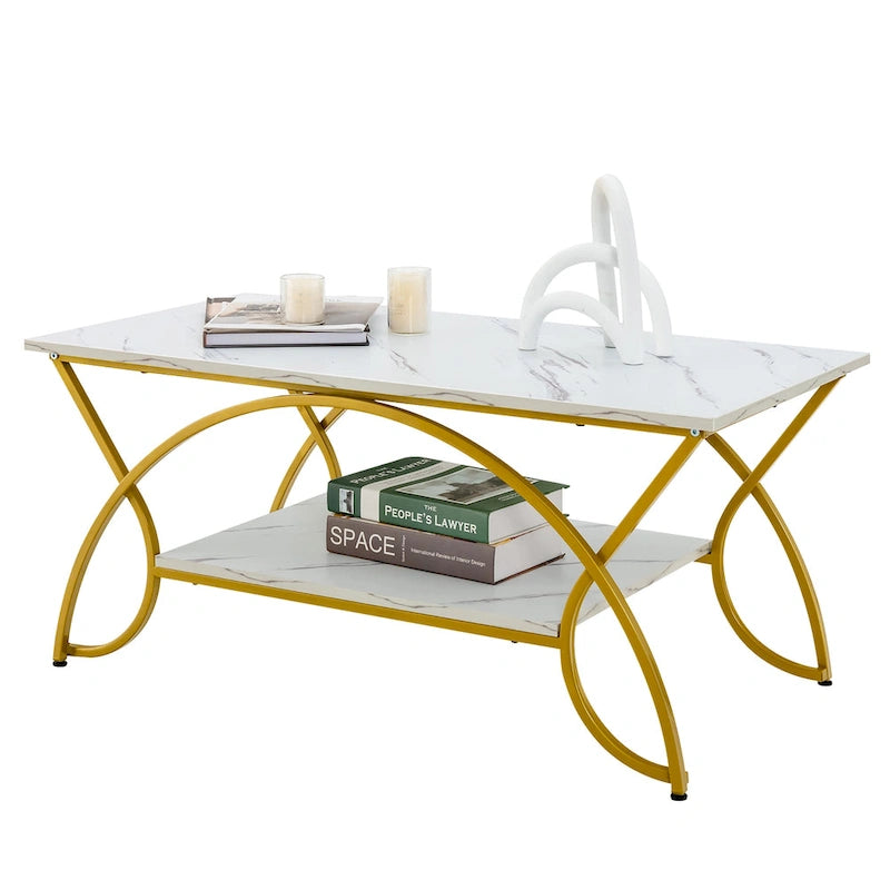2-Tier Faux Marble Coffee Table with Gold Metal Frame and Lower Shelf