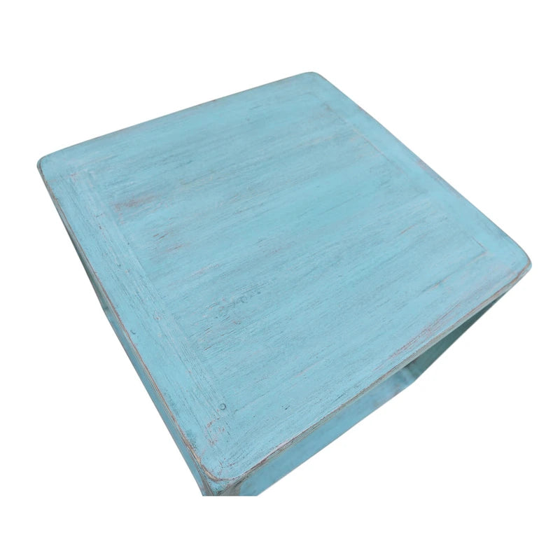 Reclaimed Wood Square Side Table Vintage Blue Distressed Finish Open Frame