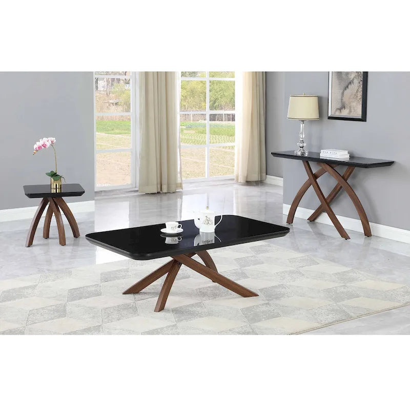 Rectangular Black Tempered Glass Coffee Table with Walnut Crisscross Base