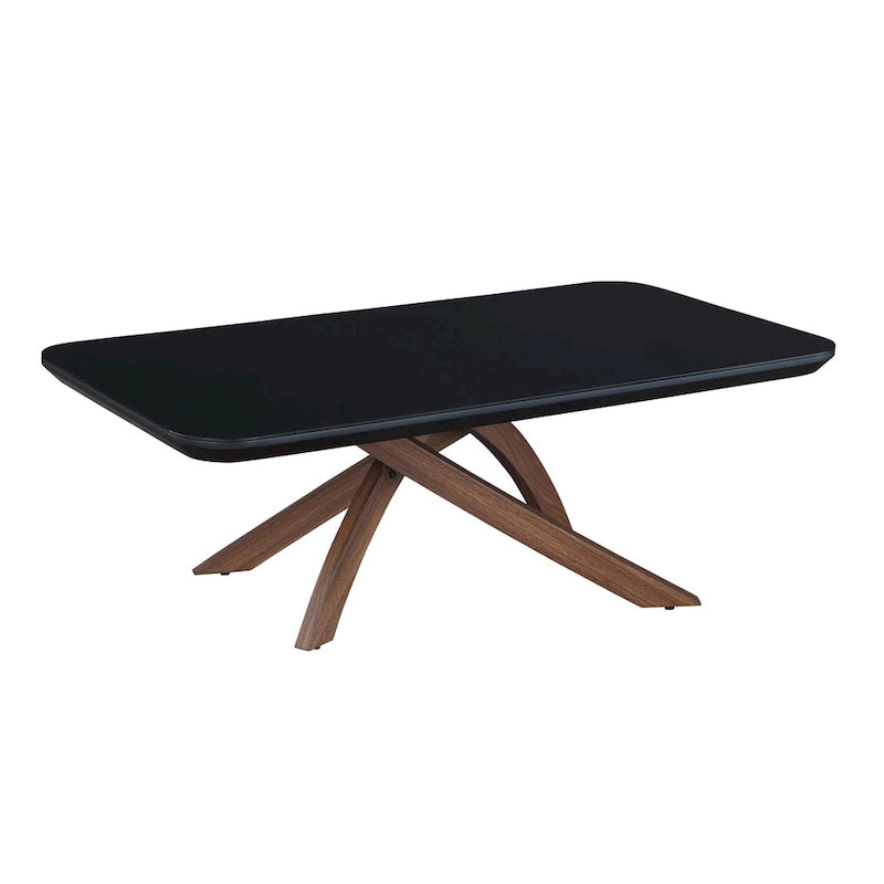 Rectangular Black Tempered Glass Coffee Table with Walnut Crisscross Base