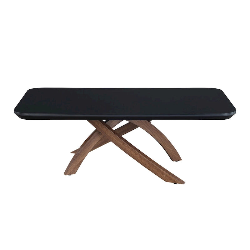Rectangular Black Tempered Glass Coffee Table with Walnut Crisscross Base