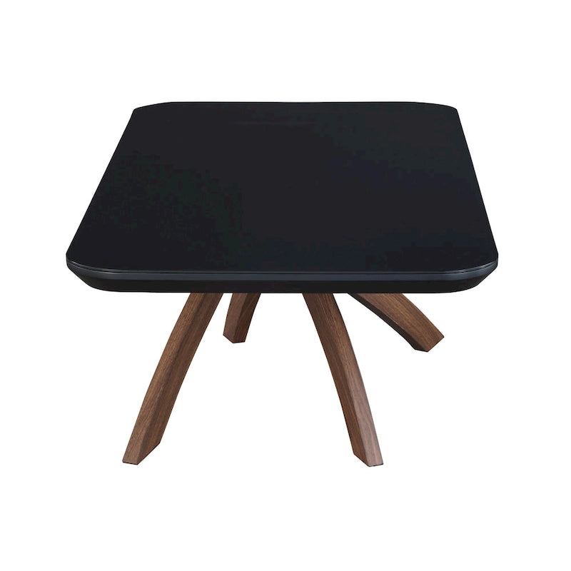 Rectangular Black Tempered Glass Coffee Table with Walnut Crisscross Base