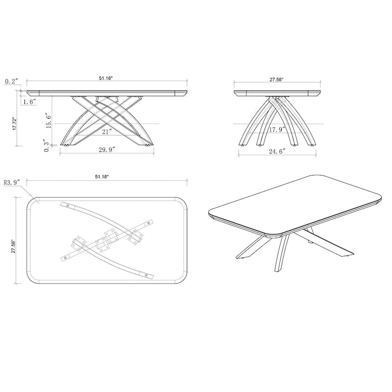 Rectangular Black Tempered Glass Coffee Table with Walnut Crisscross Base