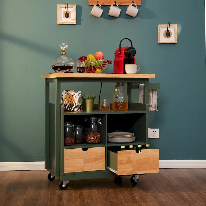 Rolling Kitchen Island Cart with Wood Top, Open Shelves, Cabinet and Drawers, White