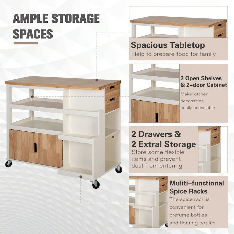 Rolling Kitchen Island Cart with Wood Top, Open Shelves, Cabinet and Drawers, White