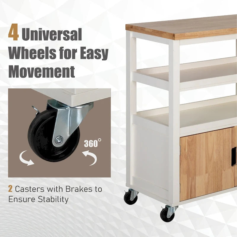 Rolling Kitchen Island Cart with Wood Top, Open Shelves, Cabinet and Drawers, White