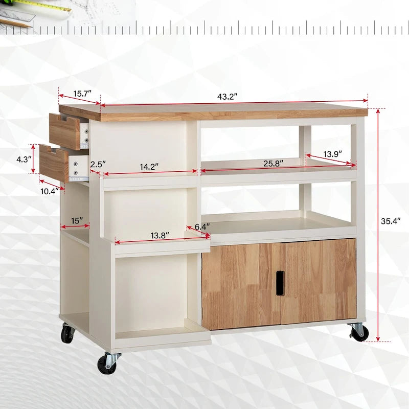 Rollbarer Küchenwagen mit Holzplatte, offenen Ablagefächern, Schrank und Schubladen, Weiß
