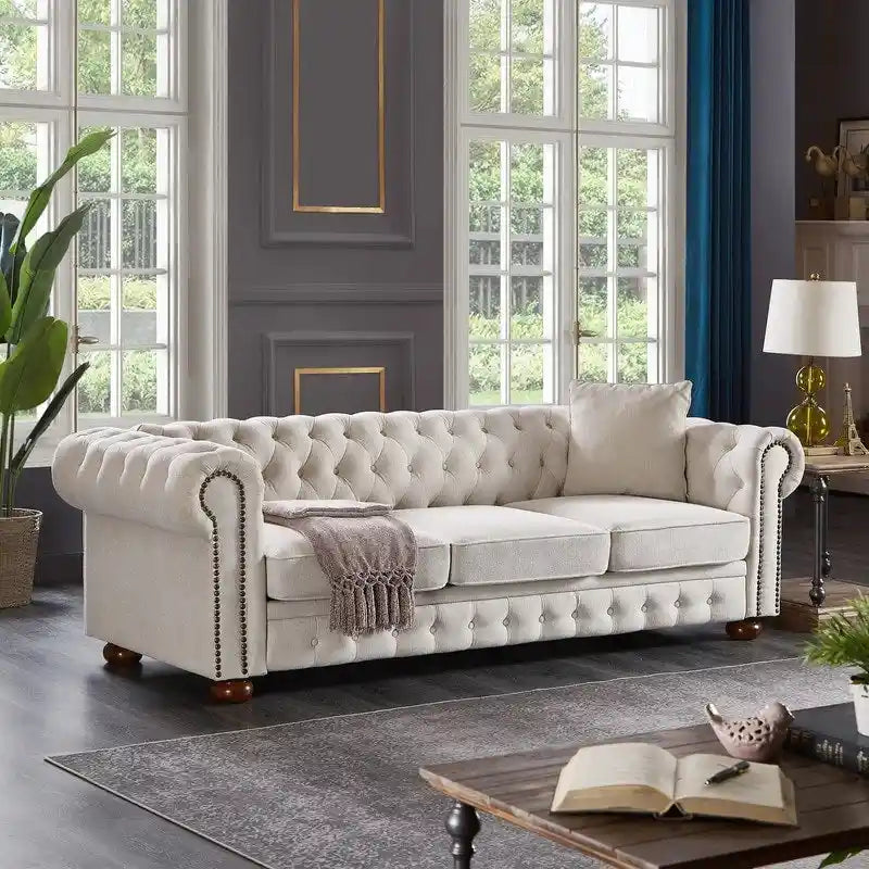 Tufted Rolled Arm Linen 3-Seater Sofa with Nailhead Trim Beige / Light Grey