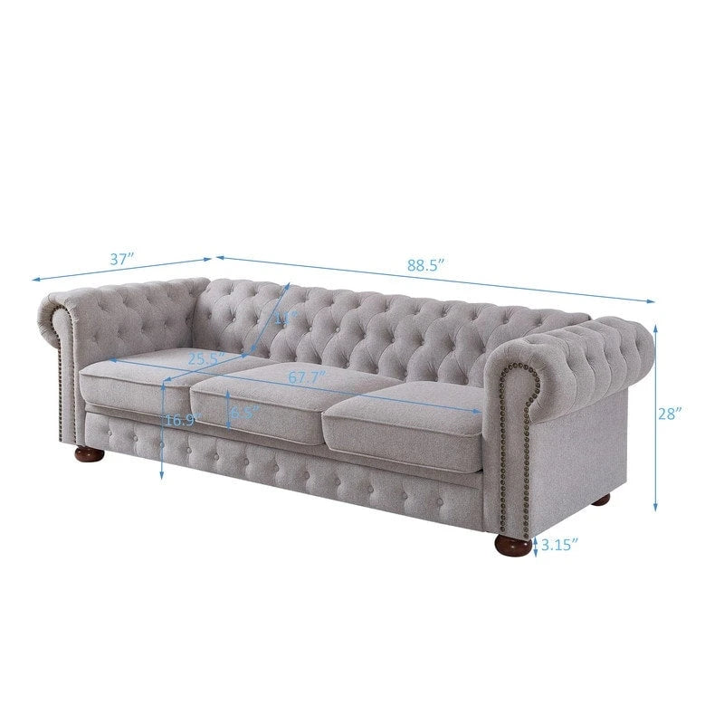 Tufted Rolled Arm Linen 3-Seater Sofa with Nailhead Trim Beige / Light Grey