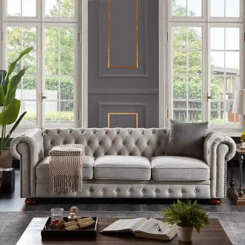 Tufted Rolled Arm Linen 3-Seater Sofa with Nailhead Trim Beige / Light Grey