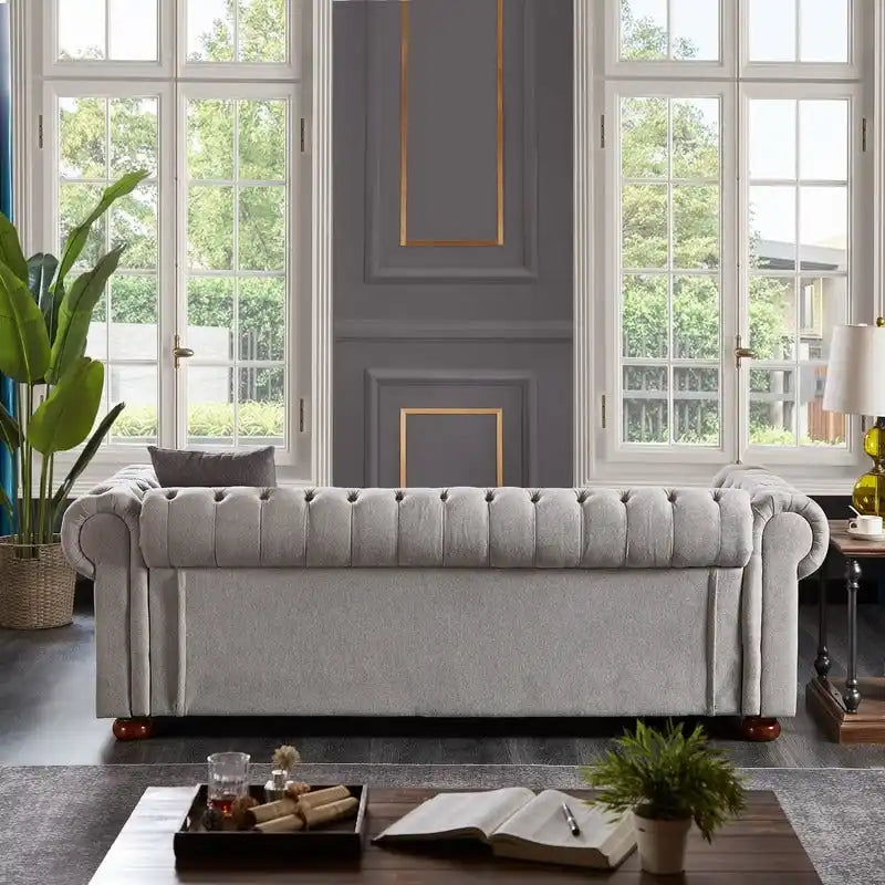 Tufted Rolled Arm Linen 3-Seater Sofa with Nailhead Trim Beige / Light Grey