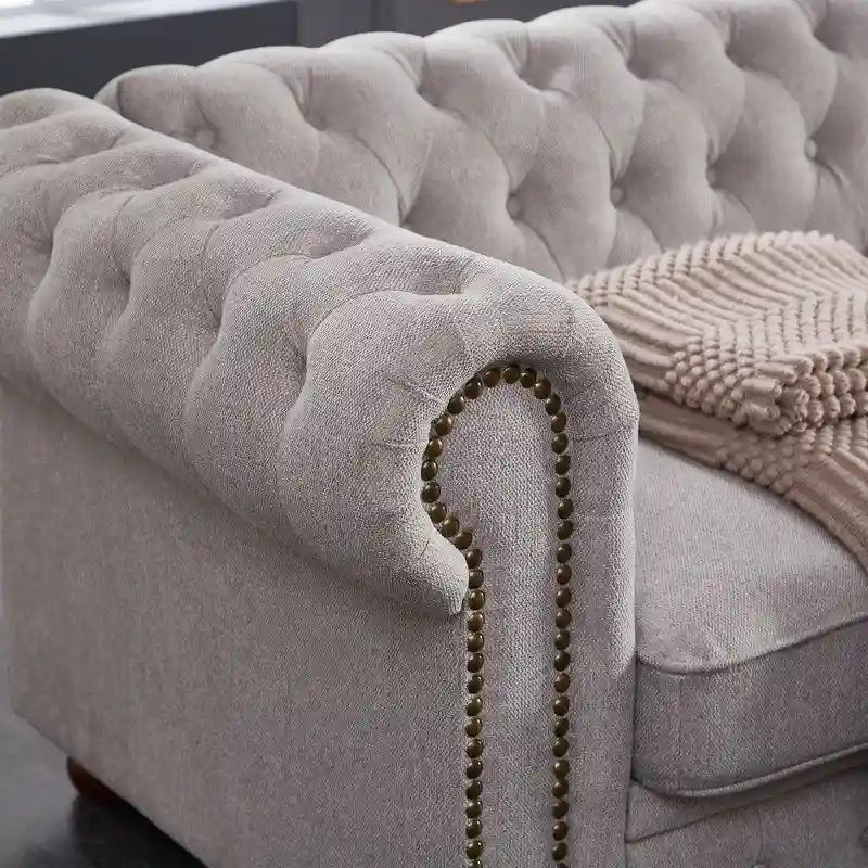 Tufted Rolled Arm Linen 3-Seater Sofa with Nailhead Trim Beige / Light Grey