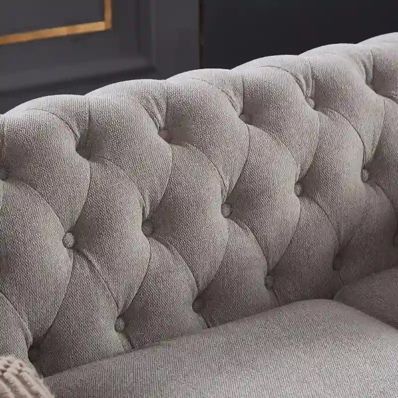 Tufted Rolled Arm Linen 3-Seater Sofa with Nailhead Trim Beige / Light Grey