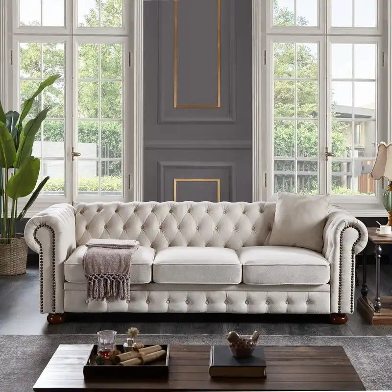 Tufted Rolled Arm Linen 3-Seater Sofa with Nailhead Trim Beige / Light Grey