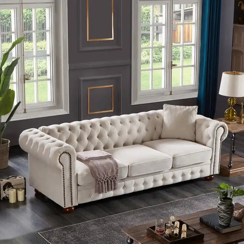 Tufted Rolled Arm Linen 3-Seater Sofa with Nailhead Trim Beige / Light Grey