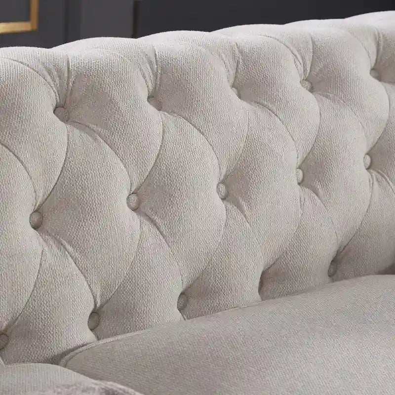 Tufted Rolled Arm Linen 3-Seater Sofa with Nailhead Trim Beige / Light Grey